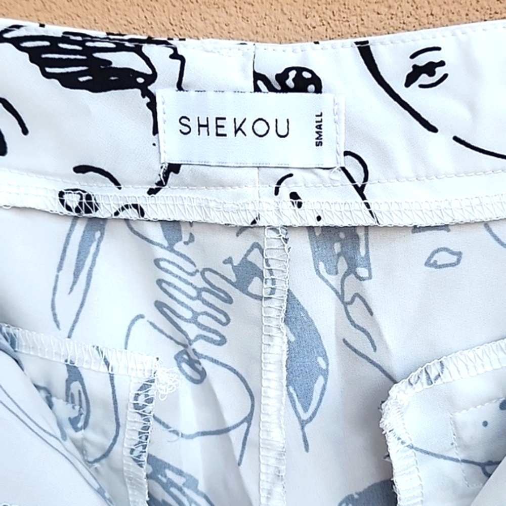 SHEKOU Straight Leg Pants Small Artsy Graffiti Faces Doodle Streetwear Punk Rave - Picture 8 of 10